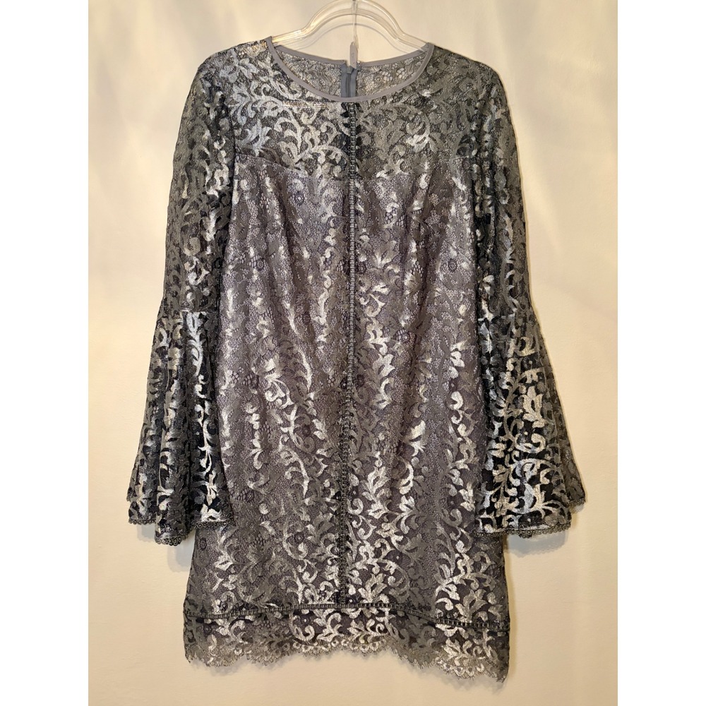 White House Black Market Metallic Silver Lace Bell Sleeve Shift Dress Size 8